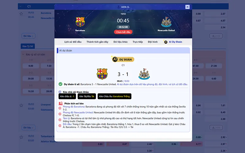 Dự đoán AI Barcelona vs Newcastle 00h45 ngày 19/3/2026