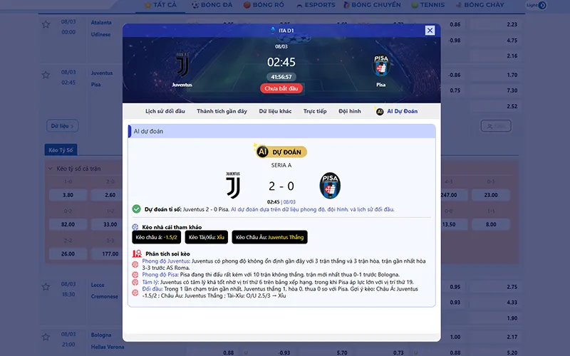 Dự đoán AI Juventus vs Pisa 02h45 ngày 08/3/2026