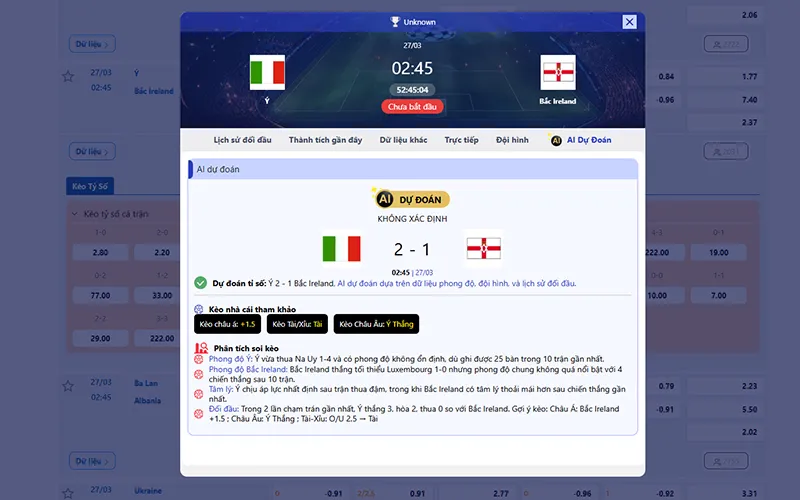 Dự đoán AI Ý vs Bắc Ireland 02h45 ngày 27/3/2026