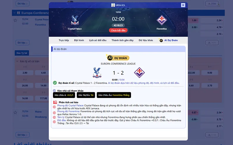 Dự đoán AI Crystal Palace vs Fiorentina 02h00 ngày 10/4/2026