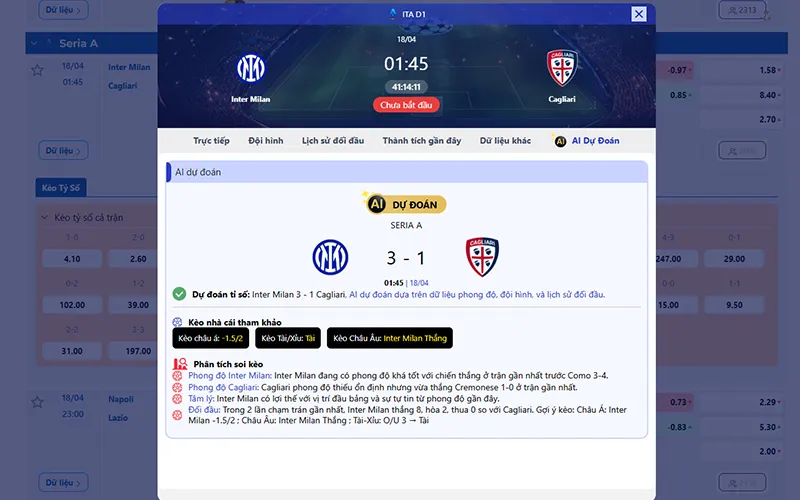 Dự đoán AI Inter Milan vs Cagliari 01h45 ngày 18/4/2026
