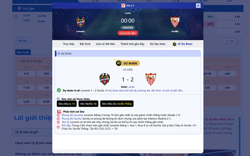 Thông tin tỷ lệ kèo Levante vs Sevilla 00h00 ngày 24/4/2026