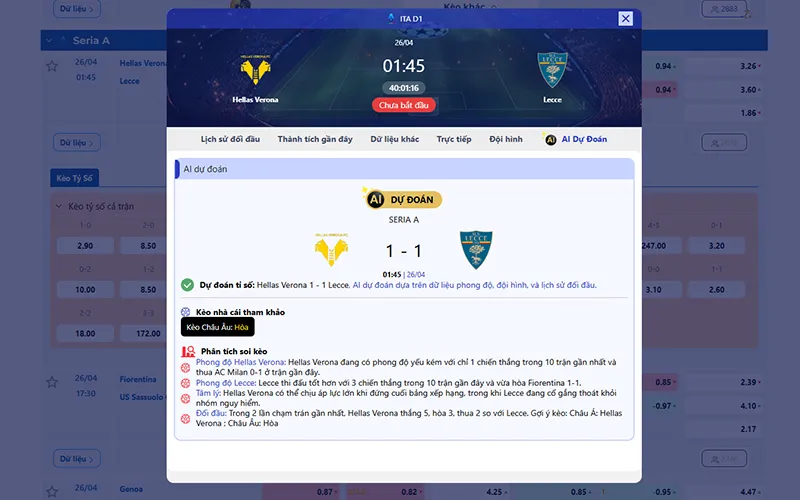 Dự đoán AI Verona vs Lecce 01h45 ngày 26/4/2026