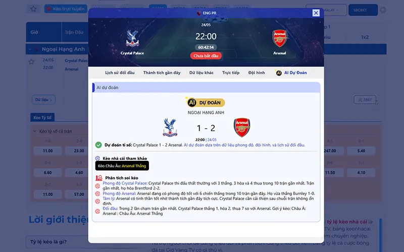 Thông tin tỷ lệ kèo Crystal Palace vs Arsenal 22h00 ngày 24/5/2026