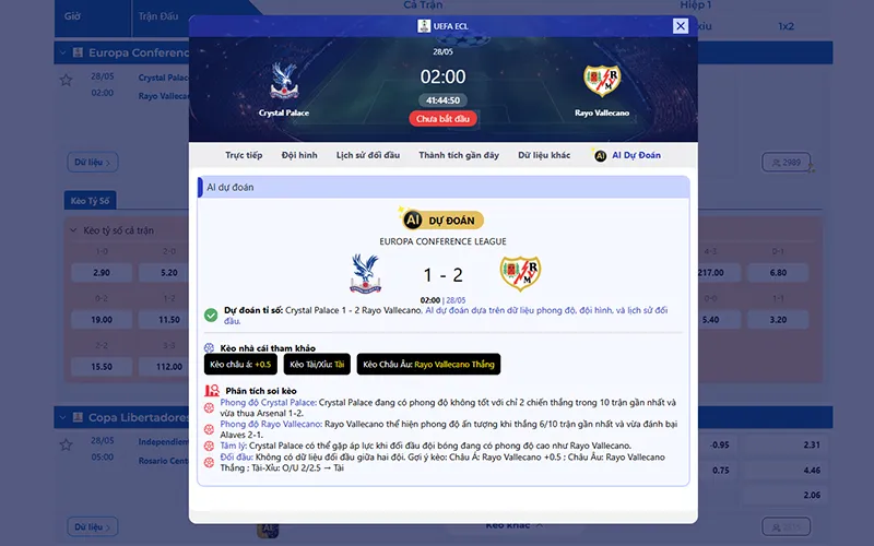 Thông tin tỷ lệ kèo Crystal Palace vs Vallecano 02h00 ngày 28/5/2026
