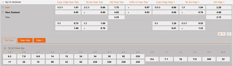 Thông tin tỷ lệ kèo Iran vs New Zealand 08h00 ngày 16/6/2026