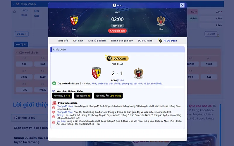 Thông tin tỷ lệ kèo Lens vs Nice 02h00 ngày 23/5/2026
