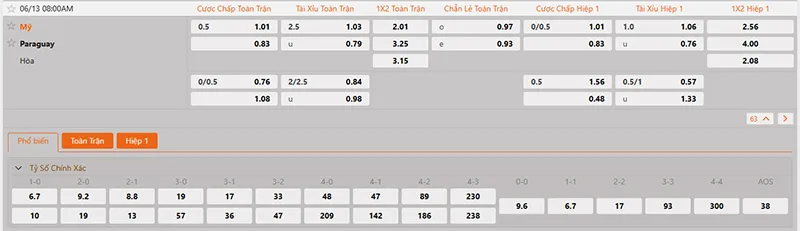 Thông tin tỷ lệ kèo Mỹ vs Paraguay 08h00 ngày 13/6/2026