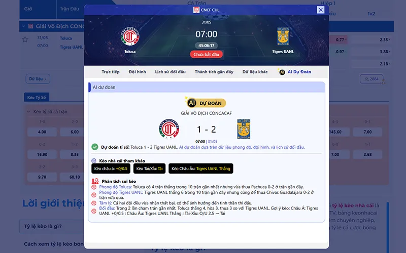 Thông tin tỷ lệ kèo Toluca vs Tigres 07h00 ngày 31/5/2026