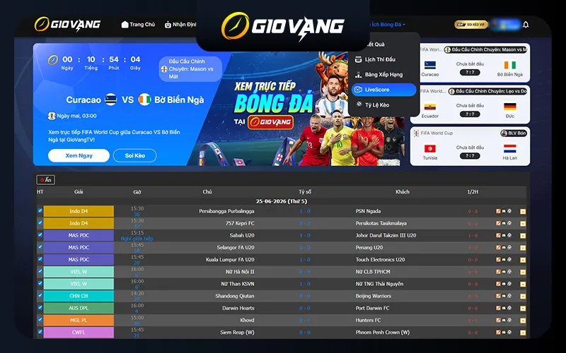 Giao diện Livescore dễ dàng sử dụng