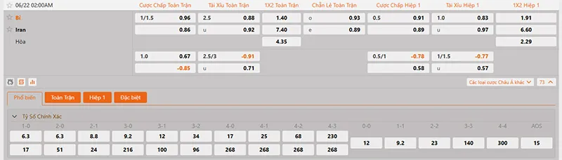 Thông tin tỷ lệ kèo Bỉ vs Iran 02h00 ngày 22/6/2026