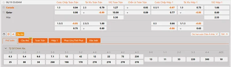 Thông tin tỷ lệ kèo Canada vs Qatar 05h00 ngày 19/6/2026