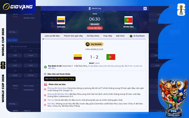 Dự đoán AI Colombia vs Bồ Đào Nha 06h30 ngày 28/6/2026