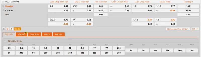 Thông tin tỷ lệ kèo Ecuador vs Curacao 07h00 ngày 21/6/2026