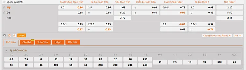 Thông tin tỷ lệ kèo Mỹ vs Úc 02h00 ngày 20/6/2026