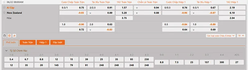 Thông tin tỷ lệ kèo New Zealand vs Ai Cập 08h00 ngày 22/6/2026