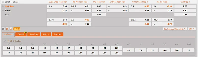 Thông tin tỷ lệ kèo Tunisia vs Nhật Bản 11h00 ngày 21/6/2026