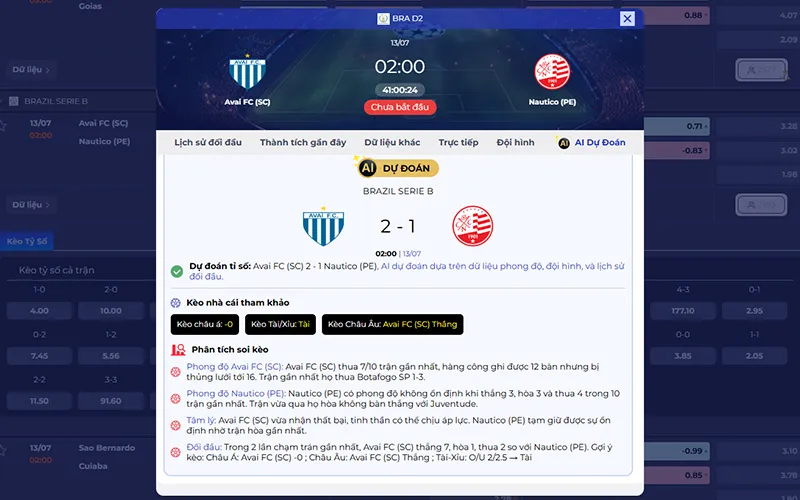 Dự đoán AI Avai vs Nautico 02h00 ngày 13/7/2026