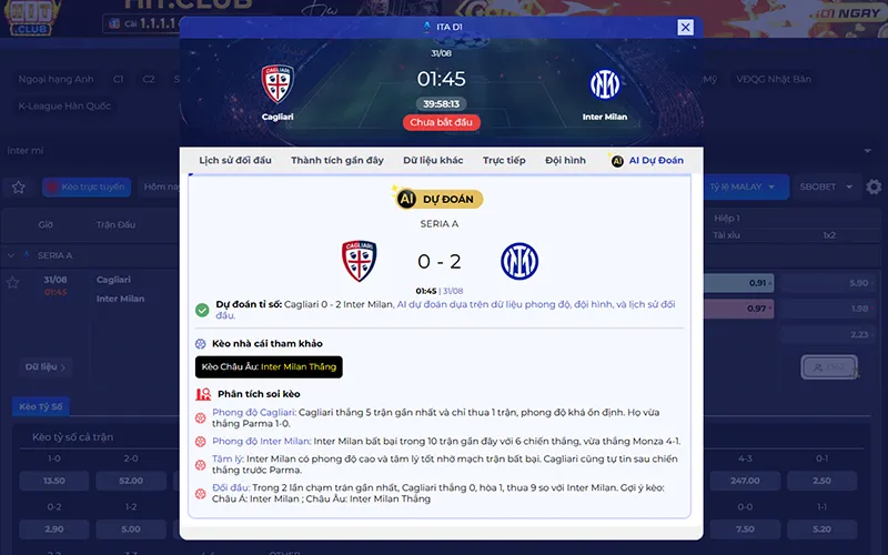 Dự đoán AI Cagliari vs Inter Milan 01h45 ngày 31/8/2026