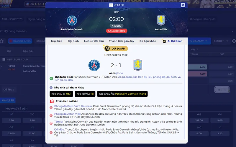 Dự đoán AI PSG vs Aston Villa 02h00 ngày 13/8/2026